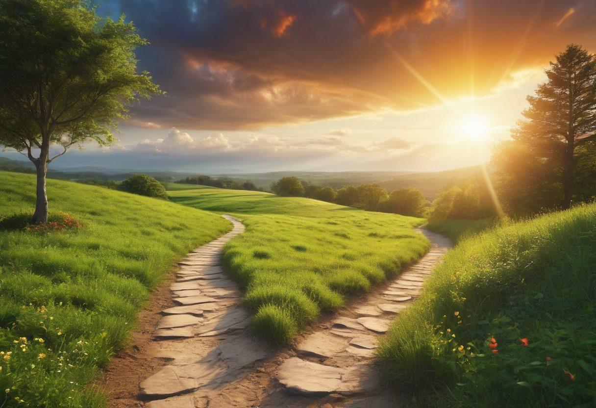 An uplifting scene depicting a winding path leading towards a bright horizon, symbolizing hope and renewal. Along the path, diverse people are engaging with legal support professionals in a supportive atmosphere, with symbols of bankruptcy programs like paperwork and a gavel in the foreground. Lush greenery represents growth, and a sun breaking through clouds emphasizes a brighter tomorrow. super-realistic. vibrant colors. motivational tone.