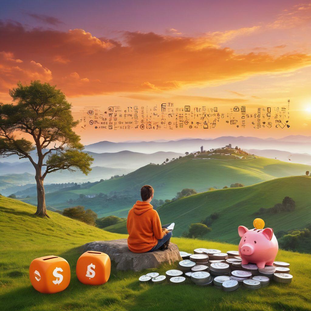 A serene landscape depicting a person sitting peacefully on a hilltop, overlooking a vibrant sunset, symbolizing contentment and hope. Surrounding the figure are floating icons representing debt solutions, such as a calculator, a piggy bank, and a growth chart, illustrating financial recovery strategies. The atmosphere is calm and uplifting, infused with warm colors to evoke a sense of tranquility. super-realistic. vibrant colors. soft focus.