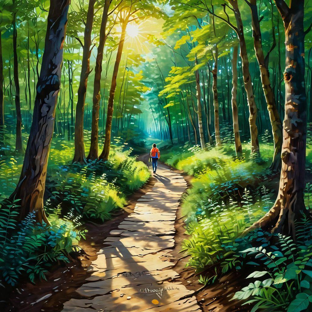 A serene landscape depicting a winding path through a lush forest, symbolizing the journey to financial recovery. Soft sunlight filtering through the trees, illuminating small signs along the path labeled 'Hope', 'Financial Freedom', and 'New Beginnings'. A person walking with a smile, holding a guidebook titled 'Bankruptcy Law'. The scene conveys peace and optimism. vibrant colors. painting.